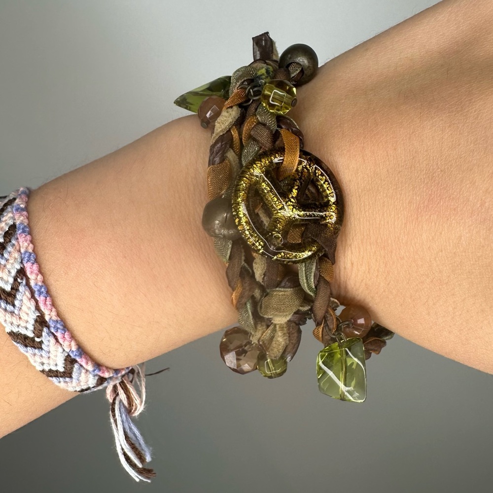Boho chic Peace and love green braided beads layered bracelet